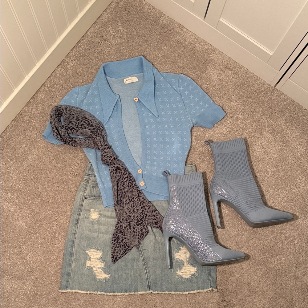 Blue Knit Top and Denim Skirt Set with Blue Steve Madden Boots